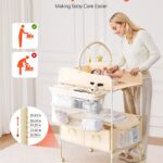 VEVOR Baby Changing Table, Foldable Diaper Change Station with 2 Fabric Drawers, Side Basket & Hanging Rod, Adjustable Height Portable Changing Table with Lockable Wheels & 2 Star Toys, Light Beige